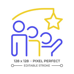 Motivation two color line icon. Teammates reaching for star bicolor outline symbol. Ambition. Collective work. Team spirit. Duotone linear pictogram. Isolated illustration. Editable stroke