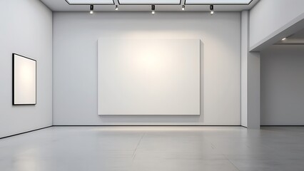 empty white canvas on a wall in a bright gallery space with minimalist design concept of modern art exhibition 3d rendering mock up