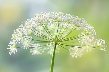 A dill flower with its seeds spread out, macro photography, blurred background, bokeh effect, high resolution, high detail, hyper realistic style, stock photo.
