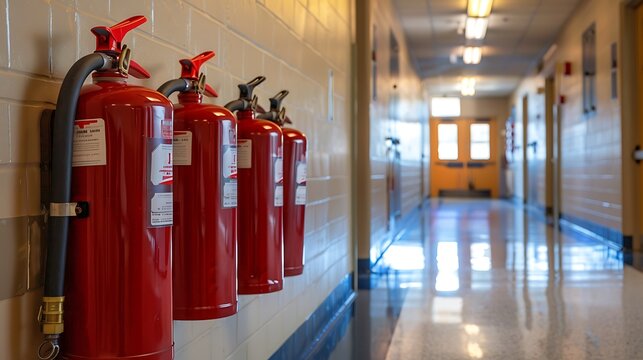 A row of fire extinguishers mounted on the wall in a school hallway