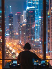 A silhouette of a DJ bathed in stage lights spins records against a backdrop of a city street at night