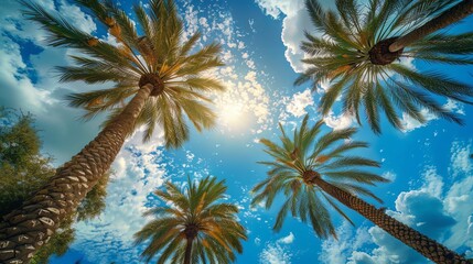 Low angle view of palm trees under clear blue sky