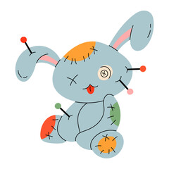 Voodoo doll rabbit. Rabbit with pin, stitches, patches. Cartoon style cute character. Hand drawn Vector illustration. Isolated design element. Rag, textile toy. Icon, print template