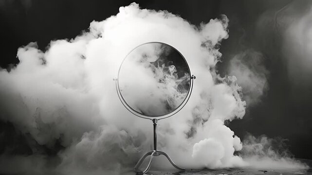 A cloud of smoke engulfs a handheld mirror making it seem as though the reflection is ped within. Black and white art