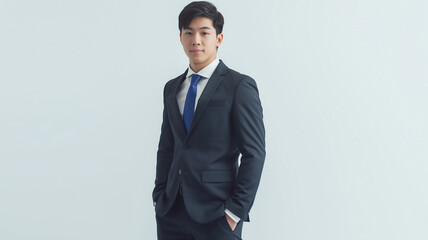 Realistic Handsome Businessman in Blue Tie and Suit on White Background in Gongbi Style High Resolution 8K HDR Front View