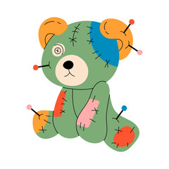Voodoo doll Teddy bear. Bear with pin, stitches, patches. Cartoon style cute character. Hand drawn Vector illustration. Isolated design element. Rag, textile toy. Icon, print template