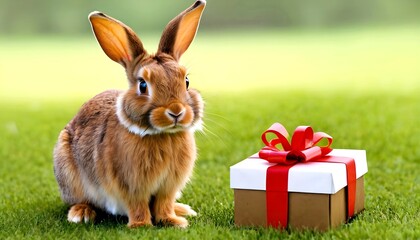 A brown rabbit sitting on grass with a gift box