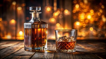 Luxurious whiskey bottle and poured glass on polished wooden table with dim lighting and blurred background.
