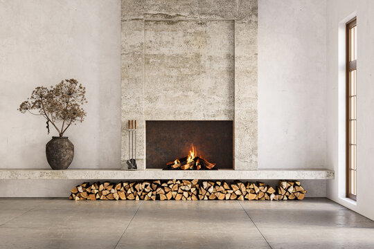 Wabi sabi style interior with rustic fireplace and white stucco walls. Wall mockup, 3d rendering	
