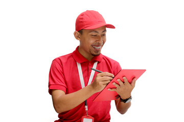 Confident Asian delivery man, courier, or warehouse worker holds a tablet, Isolated on a white background, Concepts of inventory management, logistics and delivery services.