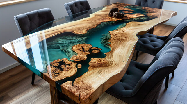 Wooden river table with decorative epoxy pastel color resin