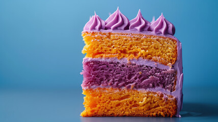 A slice of cake with purple icing.