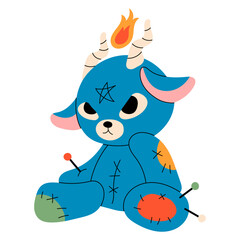 Voodoo doll goat. Goat with pin, stitches, patches. Cartoon style cute character. Hand drawn Vector illustration. Isolated design element. Rag, textile toy. Icon, print template