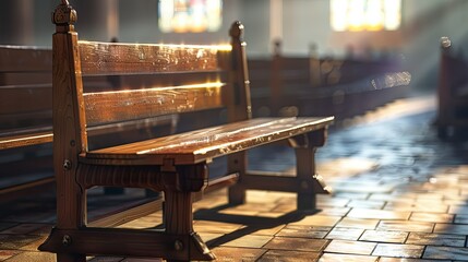 Wooden Bench in a Sunlit Church Interior