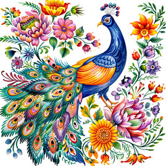  Peacock Ukranian folk art  watercolor, Bird Peacock with flowers traditional ornament illustration  isolated on transparent background