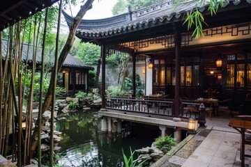 Fototapeta premium Traditional Chinese Garden with Pond and Pavilion
