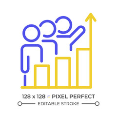 Teamwork development two color line icon. Team members and bar charts bicolor outline symbol. Team productivity. Career growth. Duotone linear pictogram. Isolated illustration. Editable stroke