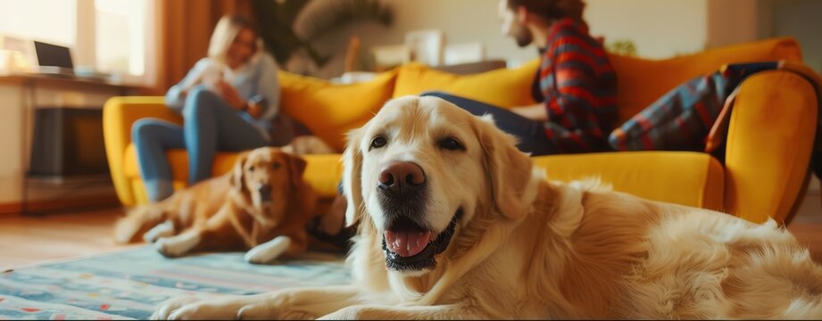 Design a semi-close-up image of a family playing with their pets in the living room, with a professional look and plenty of copy space.