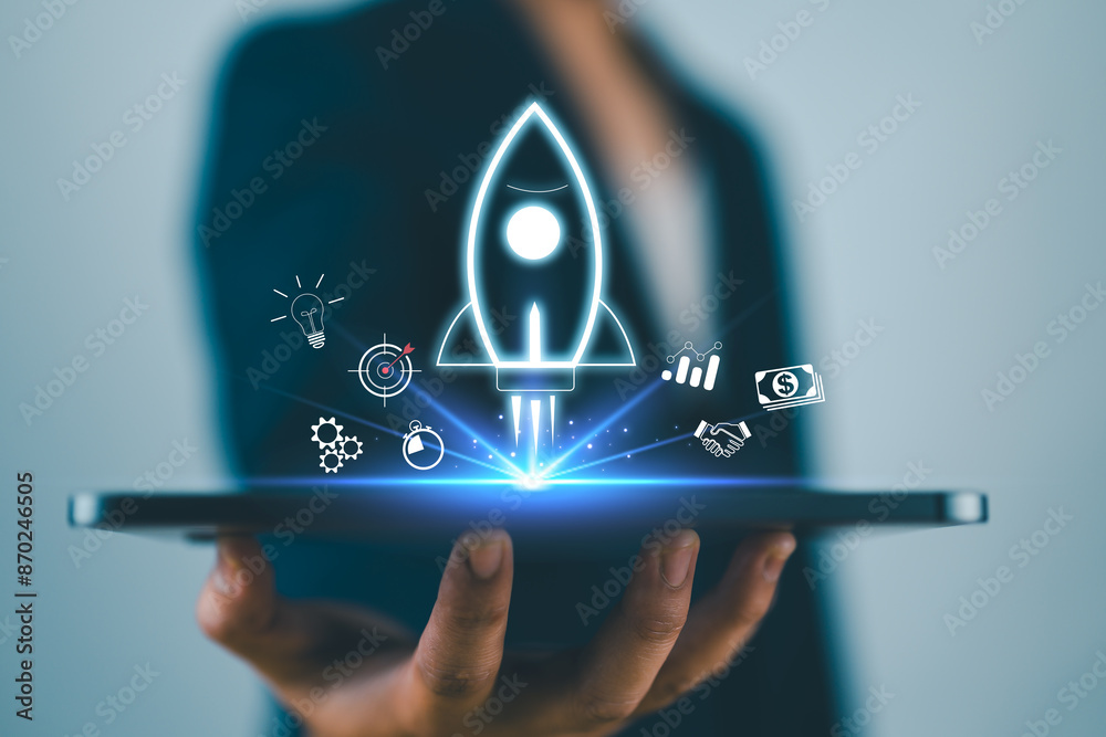 Aufkleber businessman using smartphone showing rocket and icon startup business concept entrepreneurship conce
