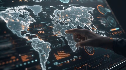 Futuristic Digital Interface: Human Hand Interacts with Global Data Display of Charts, Graphs, World Map, Connectivity, Technological Elements in Dark with White and Orange Glow Theme