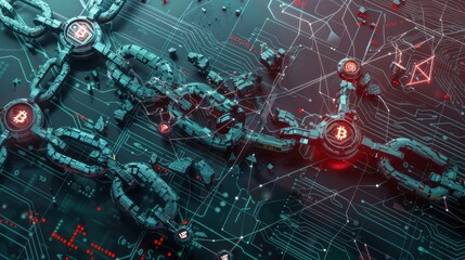Broken blockchain chain with error icons, technology tone, splitcomplementary color scheme, top view, highlighting security breach