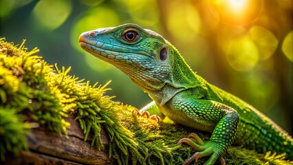 Fototapeta premium A vibrant green lizard perches on a moss-covered tree branch, its scaly skin glistening in the warm sunlight filtering through leaves.