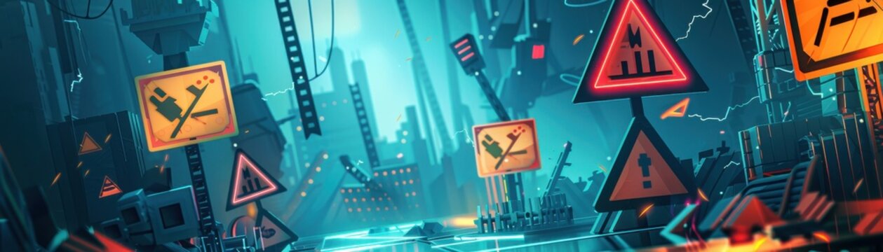 Insolvent fintech company with warning signs, scifi tone, triadic color scheme, side view, illustrating market failure