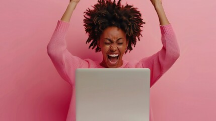 A jubilant African American woman rejoices online at her new work chance, while a motivated mixed-race girl student is pleased to receive good test results on her laptop and celebrates her acceptance