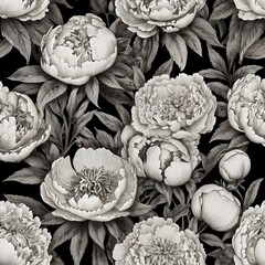 Vintage bouquet of peonies. Floristic decoration. Floral background. Black and white baroque old fashiones style image. Natural flowers pattern wallpaper or greeting card Gerenative AI