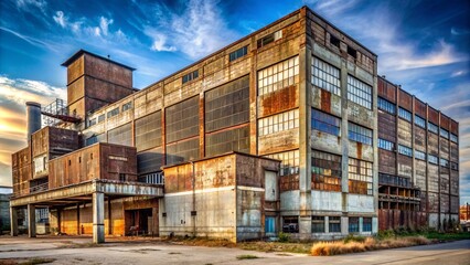 An Old Abandoned Factory Building With Broken Windows And A Rusty Exterior.