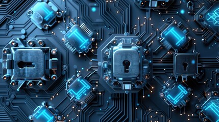 Fototapeta premium Secure blockchain transactions with digital locks, technology tone, splitcomplementary color scheme, top view, highlighting transaction security