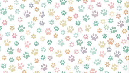 Whimsical paw print pattern in pastel hues, scattered randomly on white background, minimalist flat design, ideal for pet-themed projects.
