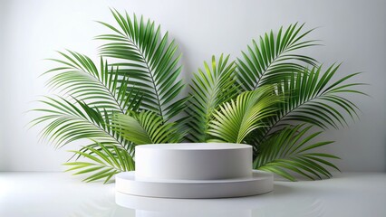 Obraz premium White Podium With Palm Leaves On White Background. 3D Rendering.