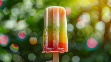 A colorful popsicle with a blurred bokeh background.