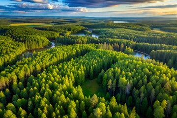 Fototapeta premium Aerial top view of summer green trees in forest. Drone photography