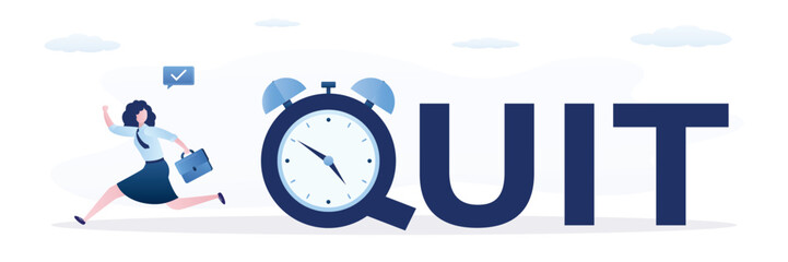 Happy businesswoman running from alarm clock with the word QUIT. Time to quit day time job, resign from full time career, leaving company and independence from office job.