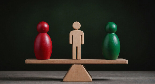 Wooden figures of people on scales and a mediator / arbitrator. Conflict of interest. Resolving conflict situations. Conclusions of the peaceful resolution of disputes. Business opponents
