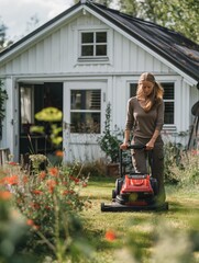 Woman Mowing Lawn in Front of Charming White Cottage with Flower Garden on a Sunny Day
