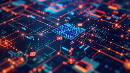 Robust blockchain infrastructure with secure digital network, technology tone, splitcomplementary color scheme, top view, highlighting system integrity