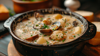 A bowl of clam chowder with clams and potatoes, garnished with chives.