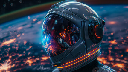 Astronaut in a helmet with Earth and city lights in the background.