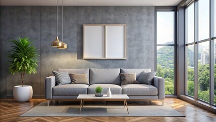 Modern Living Room Interior With Gray Sofa, Coffee Table, Plant, Lamp And Picture Frame On Concrete Wall.