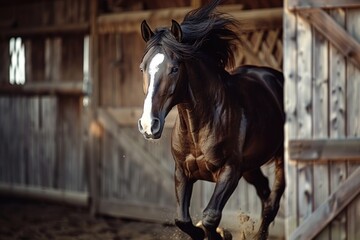 Fototapeta premium horse jumping thought white wall hole. ai generative