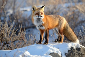 Fototapeta premium The image of a red fox standing on top of a snow-covered slope emphasizes the beauty of the wild and the majesty of winter.