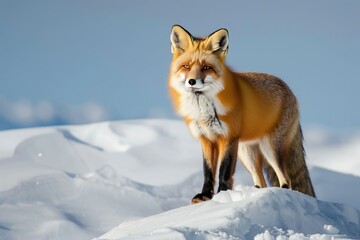 Fototapeta premium The image of a red fox standing on top of a snow-covered slope emphasizes the beauty of the wild and the majesty of winter.