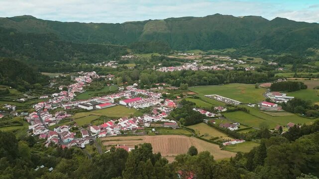 Miraduro do lombo dos milhos, a quaint village in the lush azores, portugal, aerial view