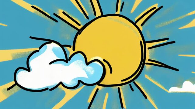 cartoon animation of sunshine and cloud against blue sky. loop animation.
