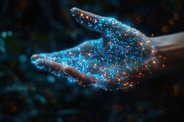 Human hand touching neuronal network of artificial intelligence system. ai generative