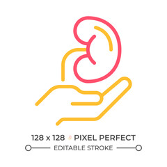 Organ donation two color line icon. Helping hand and kidney bicolor outline symbol. Internal organs transplantation. Kidney donation. Duotone linear pictogram. Isolated illustration. Editable stroke
