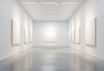 Fototapeta premium empty white canvas on a wall in a bright gallery space with minimalist design concept of modern art exhibition 3d rendering mock up